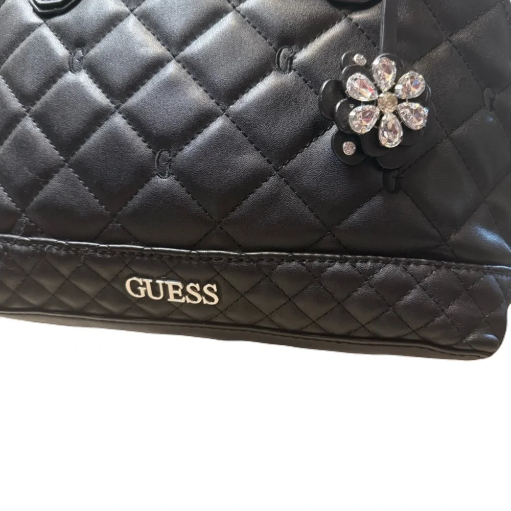 Black Quilted Floral Satchel by GUESS